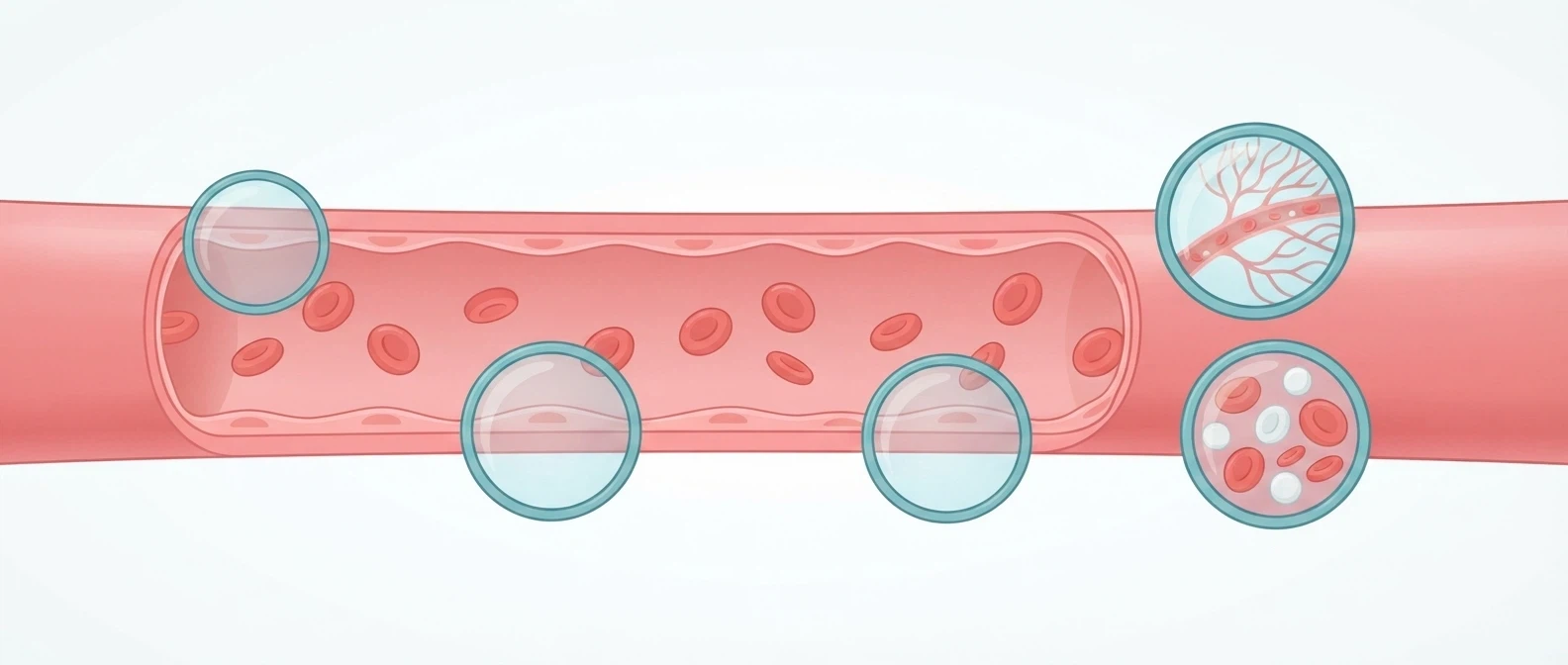 Friendly educational illustration of healthy open blood vessels with smoothly flowing blood cells